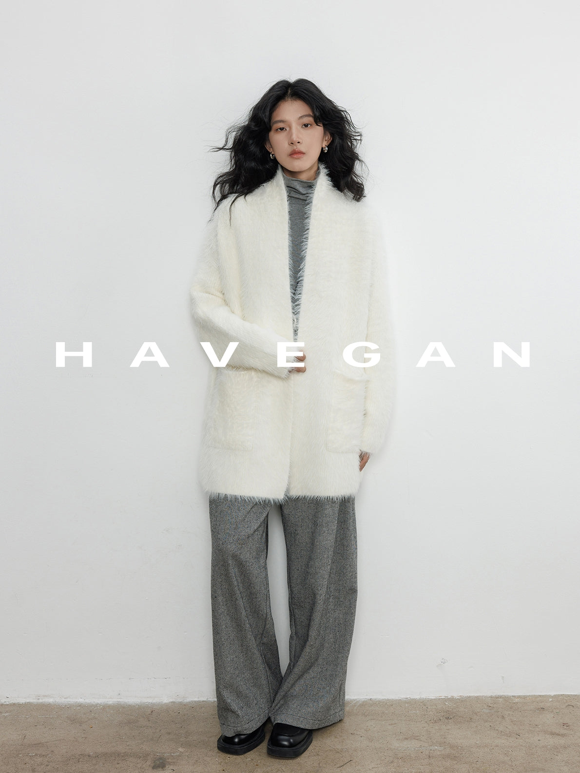 無領抓絨長版開襟衫_BDHL7971