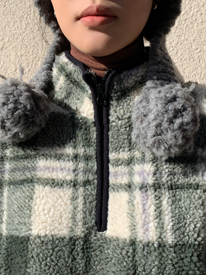 Plaid fleece hoodie pullover top_BDHL5394