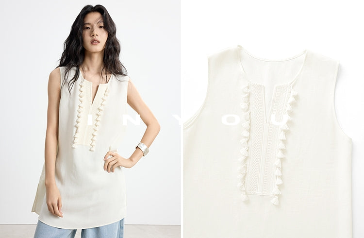 Fringe V-Neck Sleeveless Tops_BDHL7652