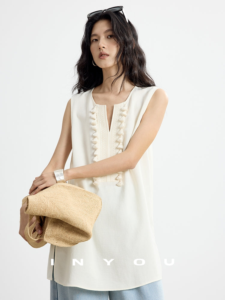 Fringe V-Neck Sleeveless Tops_BDHL7652
