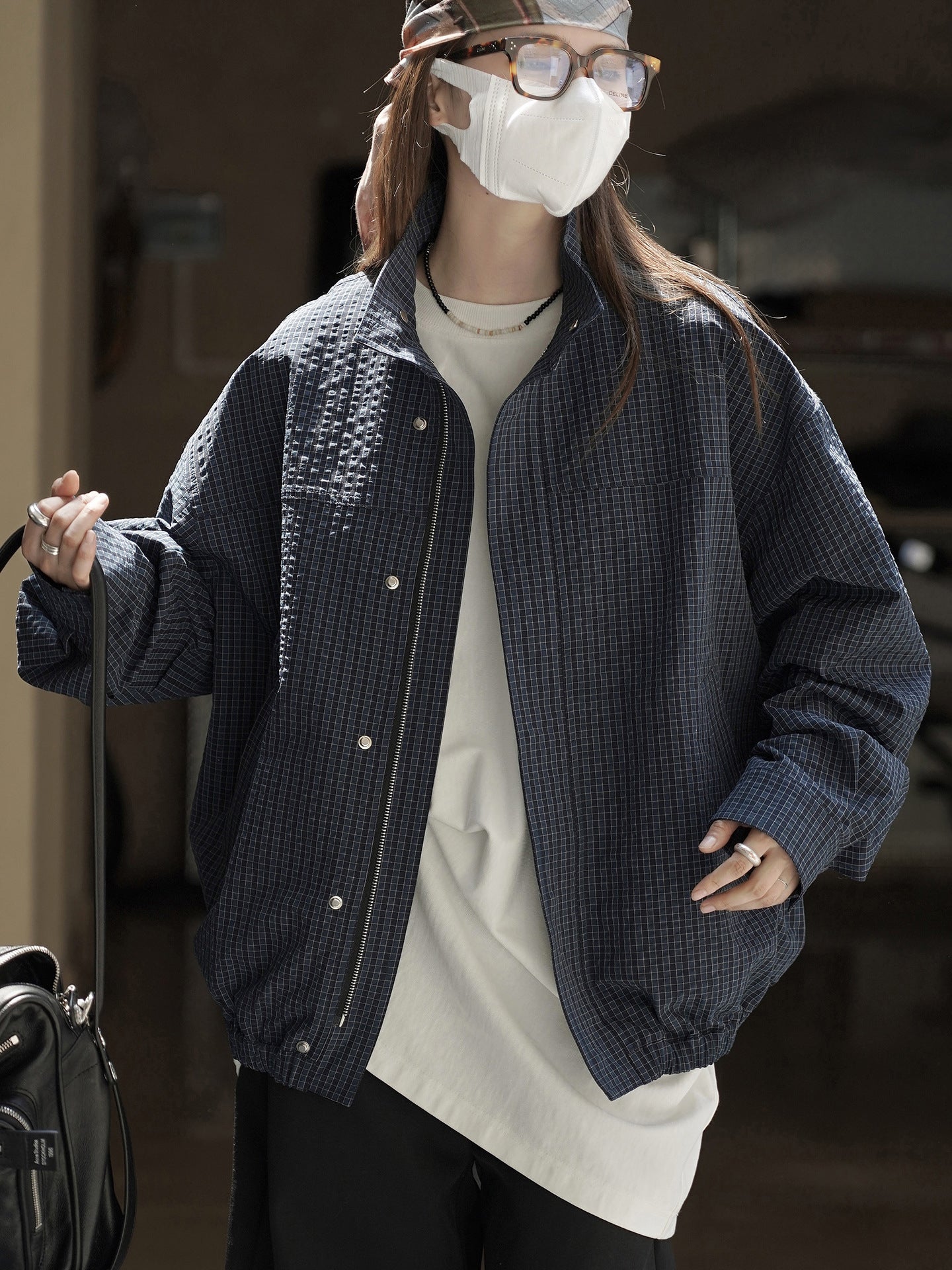 Check-Patterned Stand-Collar Jacket_BDHL7770