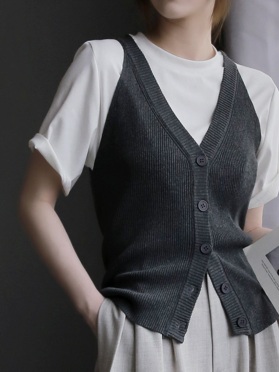 V-Neck Knit Sleeveless Tops_BDHL7574