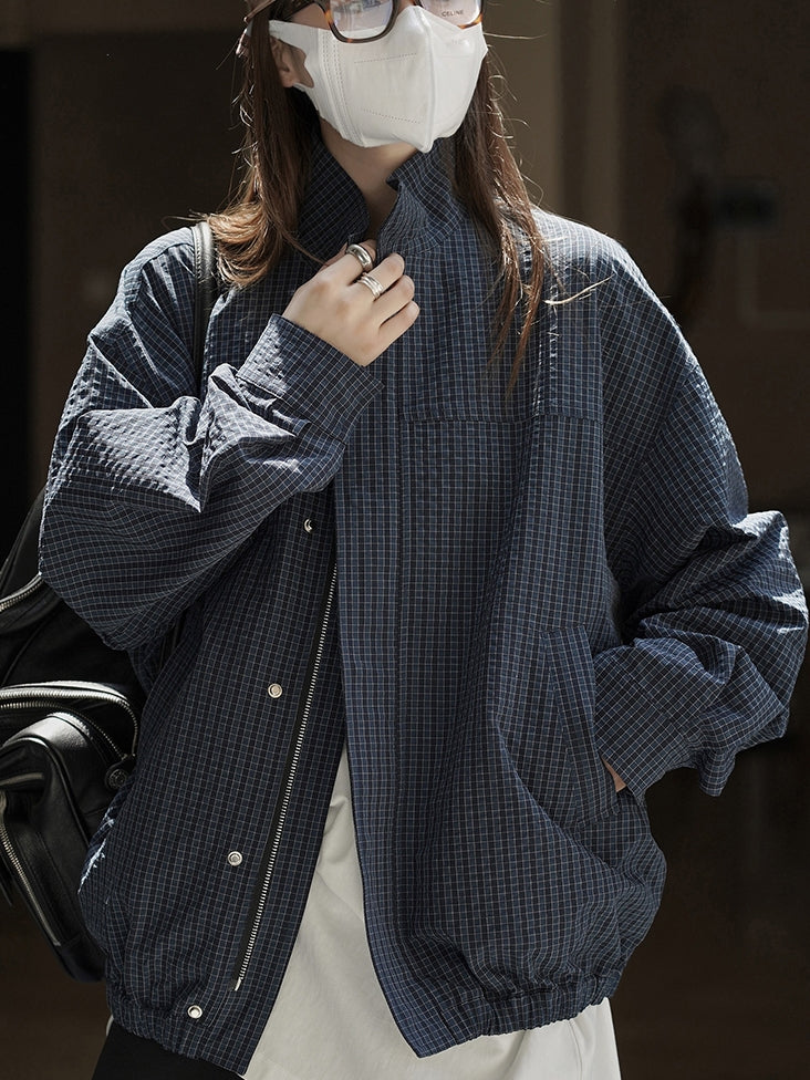 Check-Patterned Stand-Collar Jacket_BDHL7770