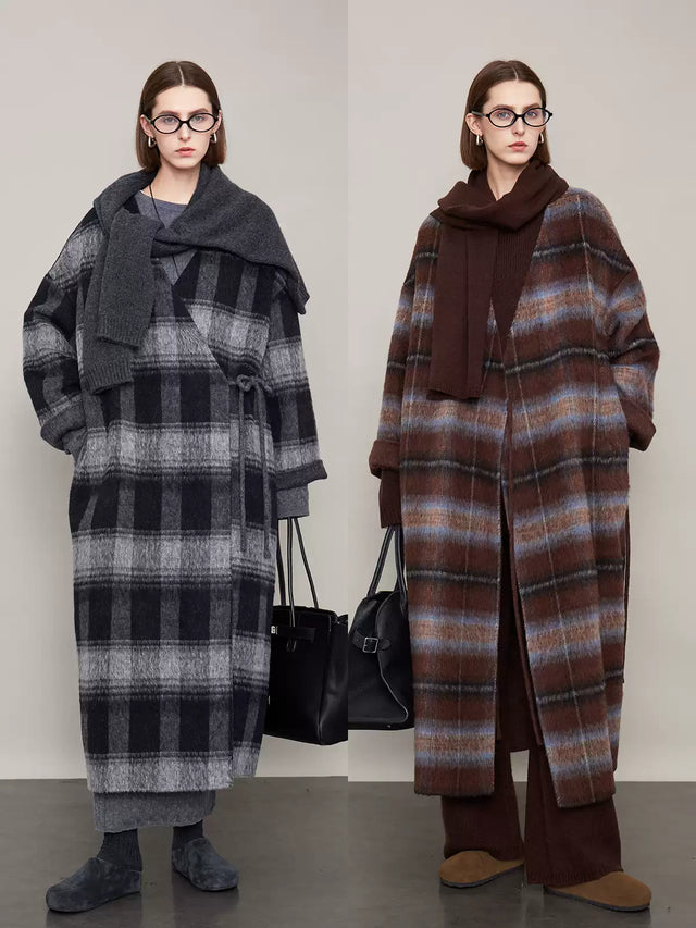 Plaid V-Neck Long Coat_BDHL6605