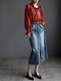 Collar Ribbon Bell Sleeve Shirt_BDHL7270