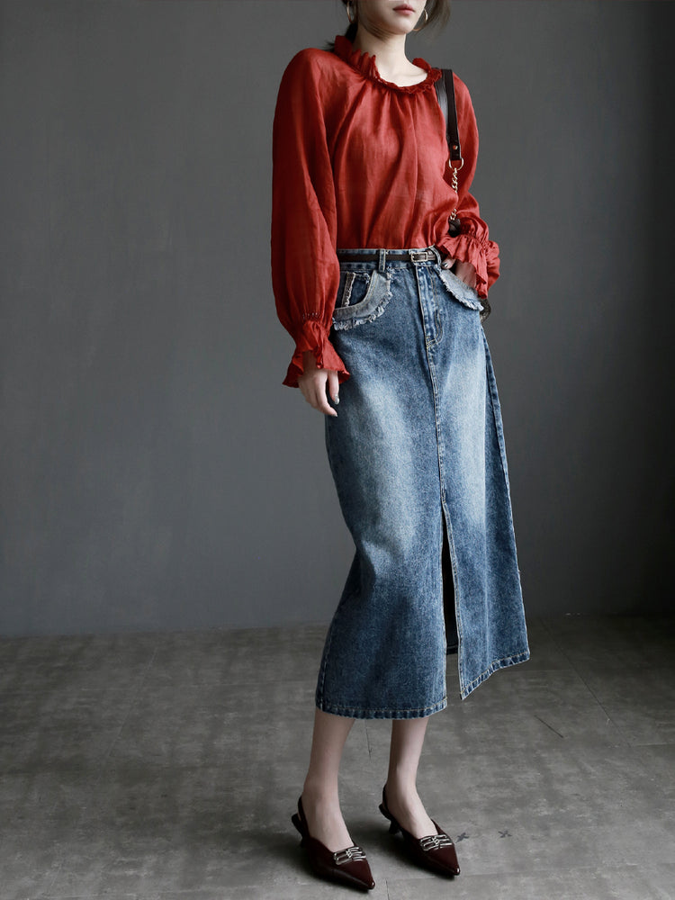 Collar Ribbon Bell Sleeve Shirt_BDHL7270