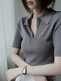 Lyocell Acetate Half-Zip Polo Knit Top_BDHL7302