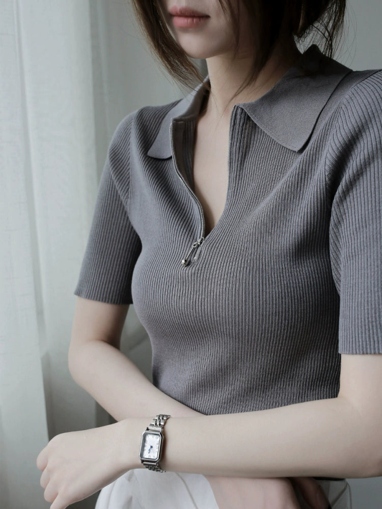Lyocell Acetate Half-Zip Polo Knit Top_BDHL7302
