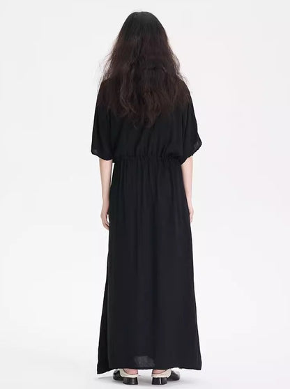 V-Neck Gathered Black Dress_BDHL6241