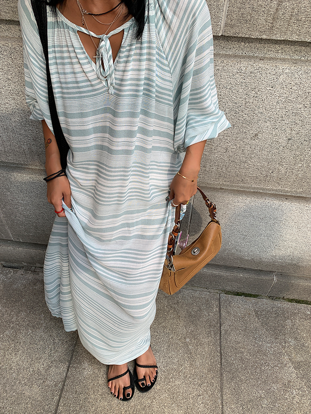 Striped Thin Puff-Sleeved Dress_BDHL6129