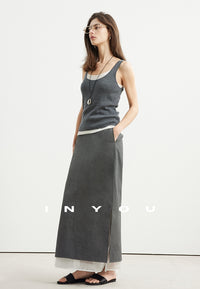 Side Slit Layered Straight Skirt_BDHL6980