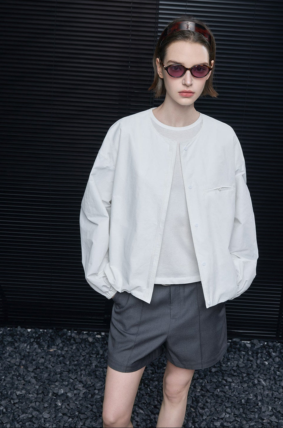 Cotton Round Neck Puff Sleeve Loose Shirt Jacket_BDHL8219