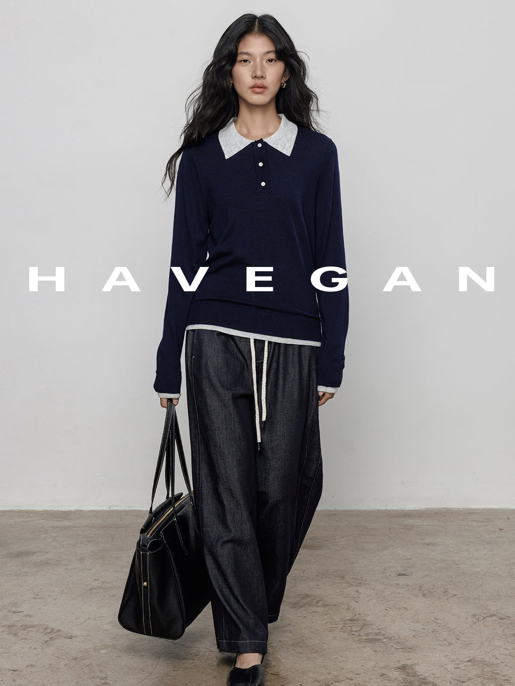 Contrast Collar Long-Sleeved Tops_BDHL7694