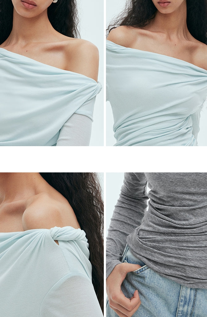 Off-The-Shoulder Twisted Pleated Tops_BDHL7632