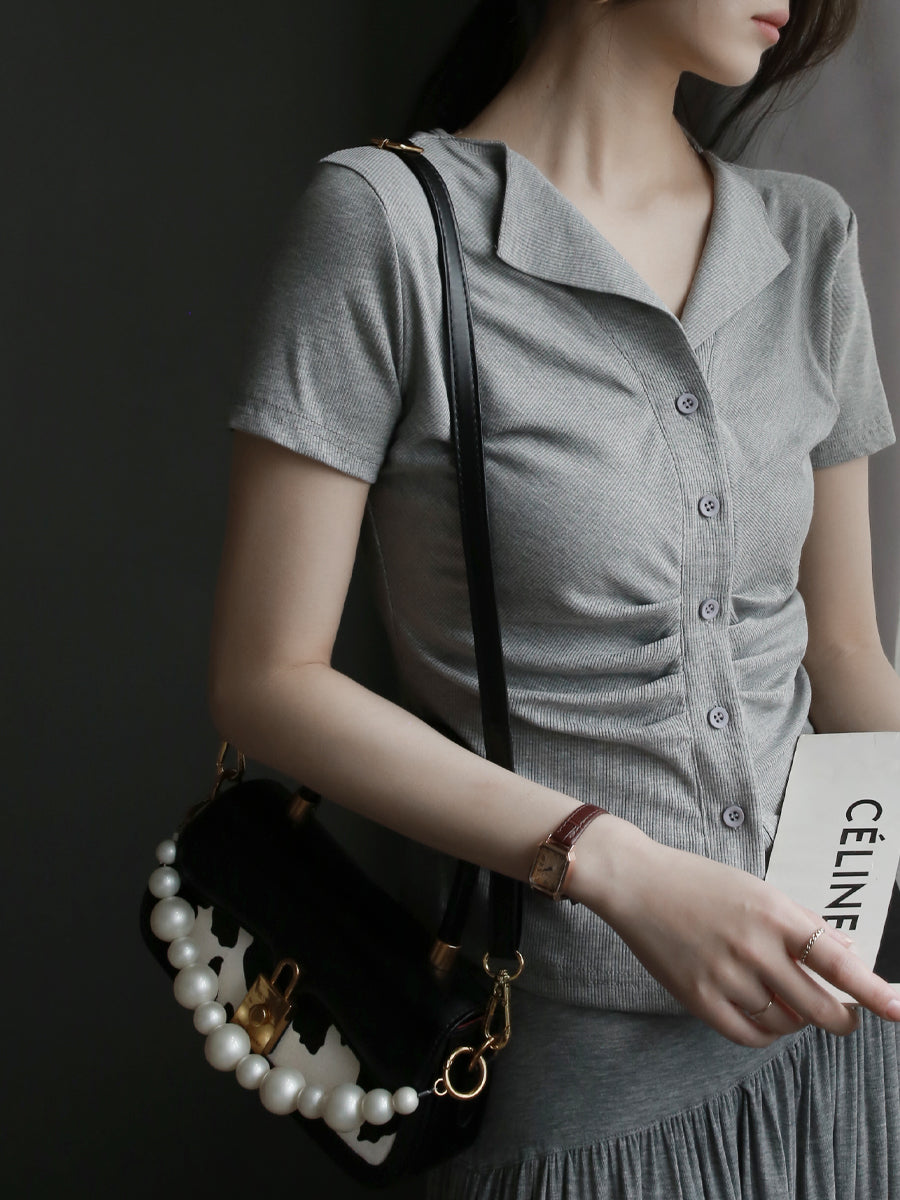 Waist Pleated Front Button Tops_BDHL7581