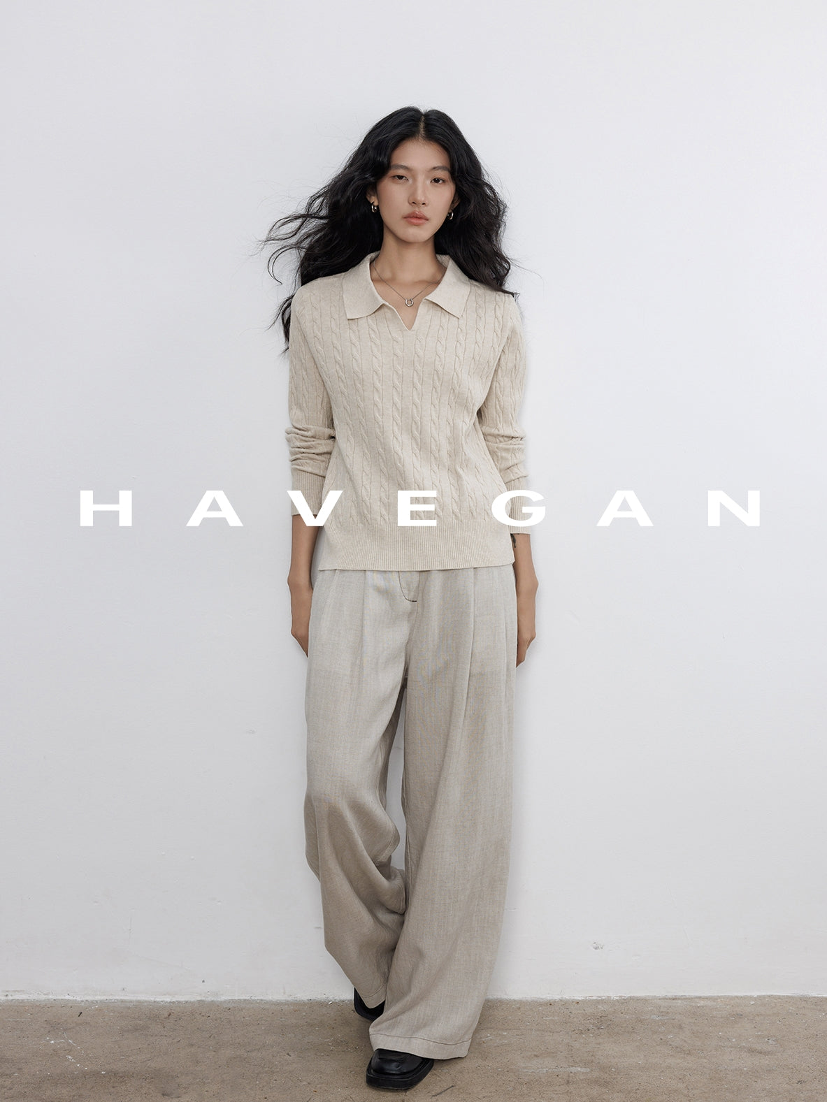 Polo-Collar Cable Knit Tops_BDHL7782
