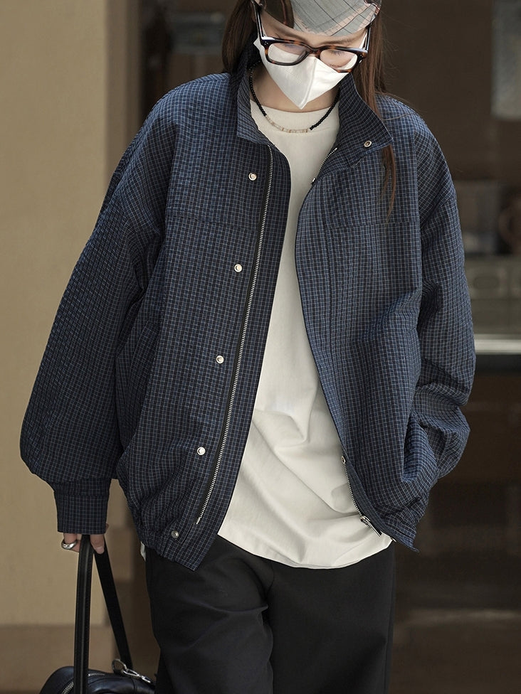 Check-Patterned Stand-Collar Jacket_BDHL7770