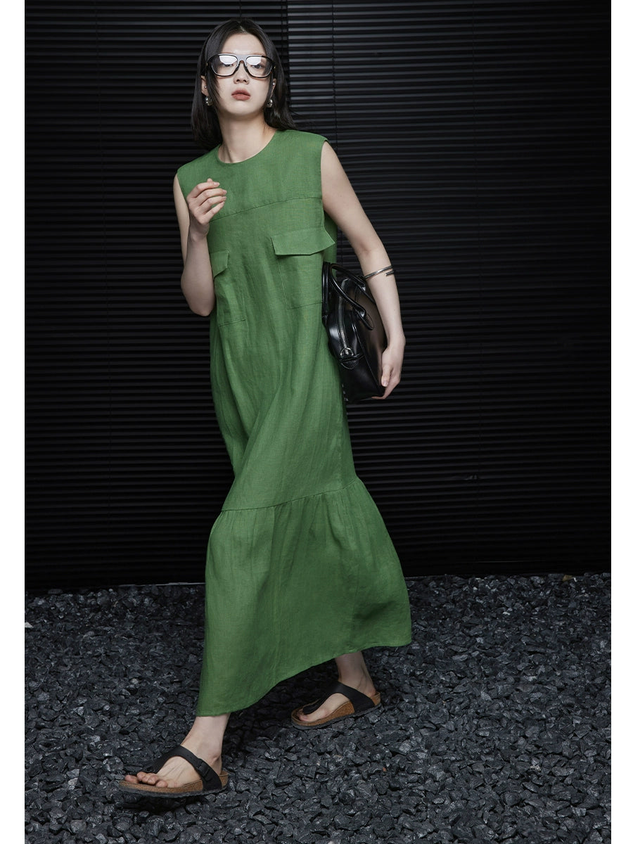 Linen sleeveless sleeveless relaxed green dress_BDHL5907