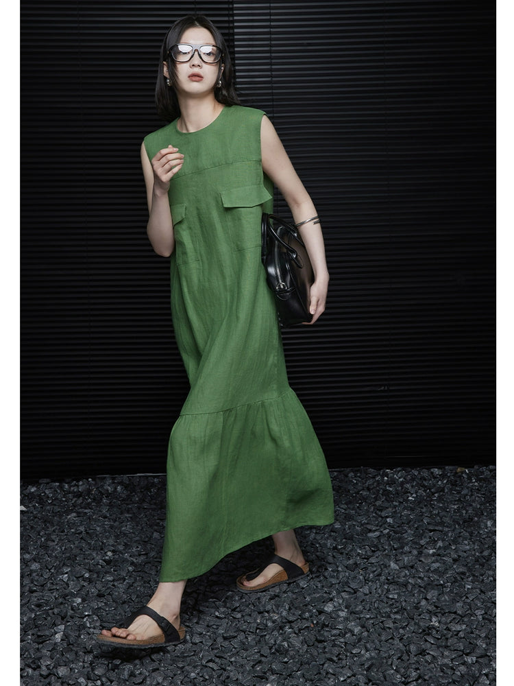 Linen sleeveless sleeveless relaxed green dress_BDHL5907