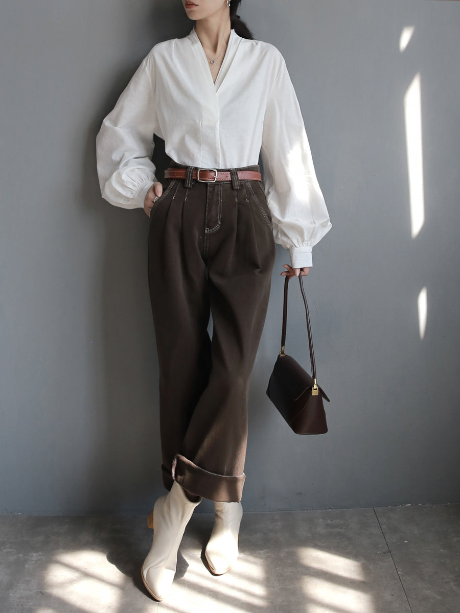 V-Neck Lantern Sleeve Tops_BDHL7914