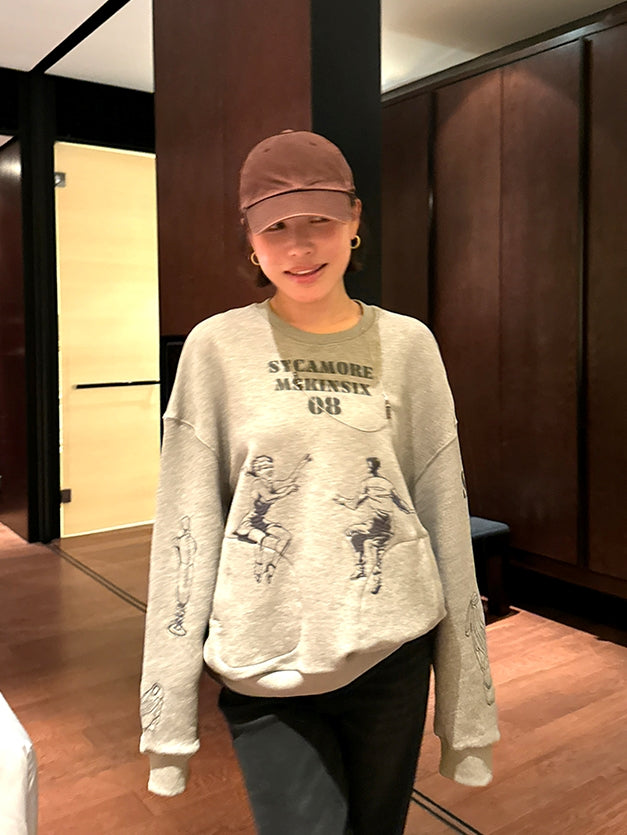 Embroidered Print Gray Sweatshirt_BDHL7842