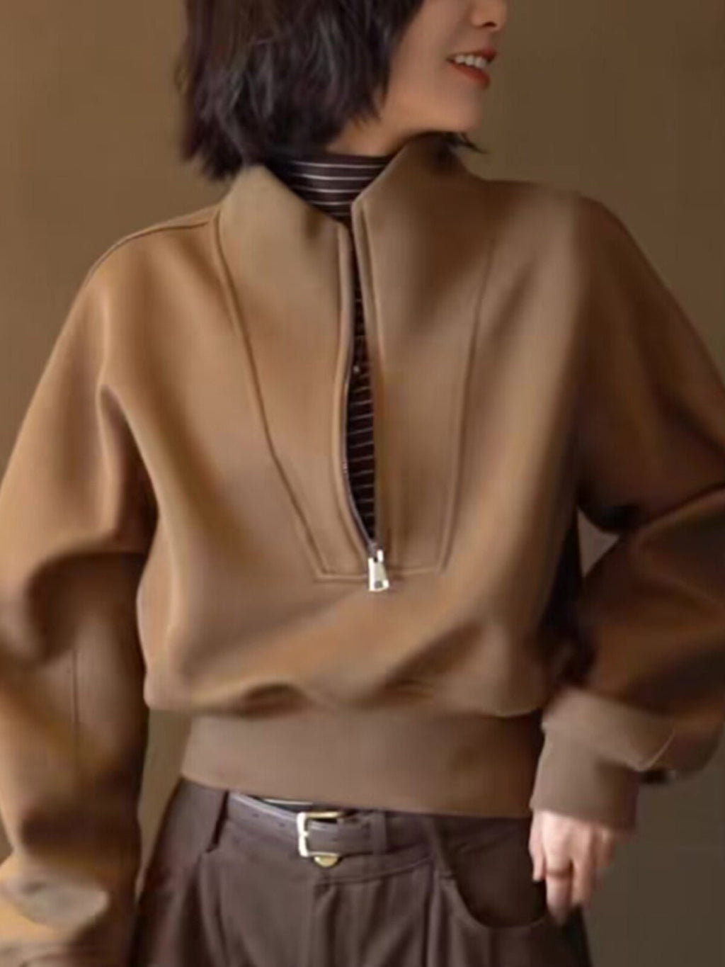 Brown Half-Zip Sweatshirt Tops_BDHL8041