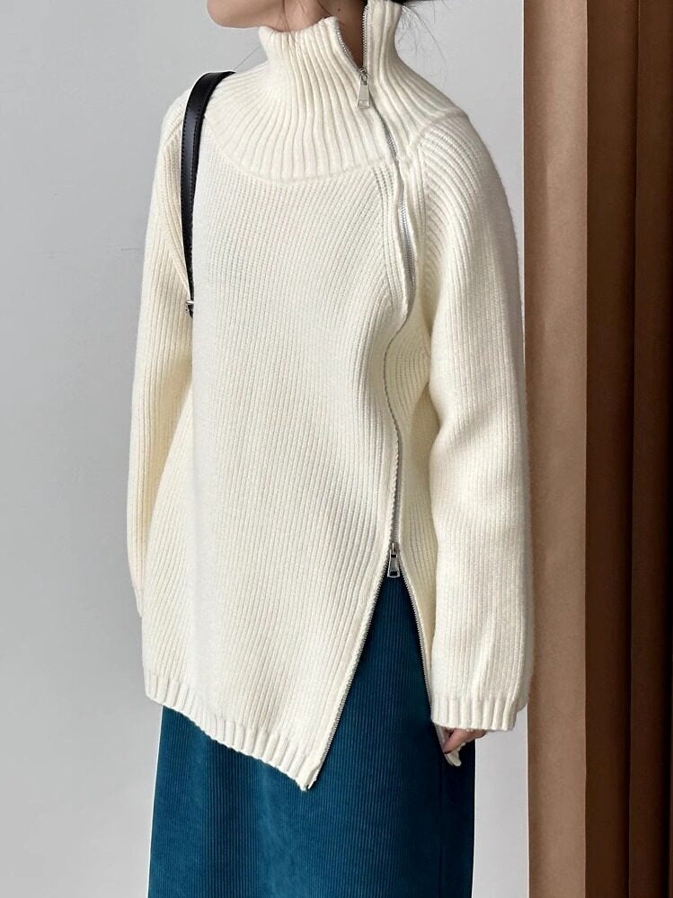 Zipper Turtleneck Loose Knit Tops_BDHL8036