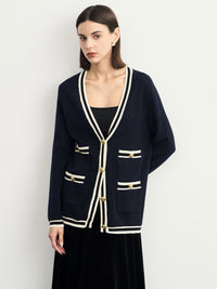 Bicoloured V-Neck Knitted Cardigan_BDHL6626