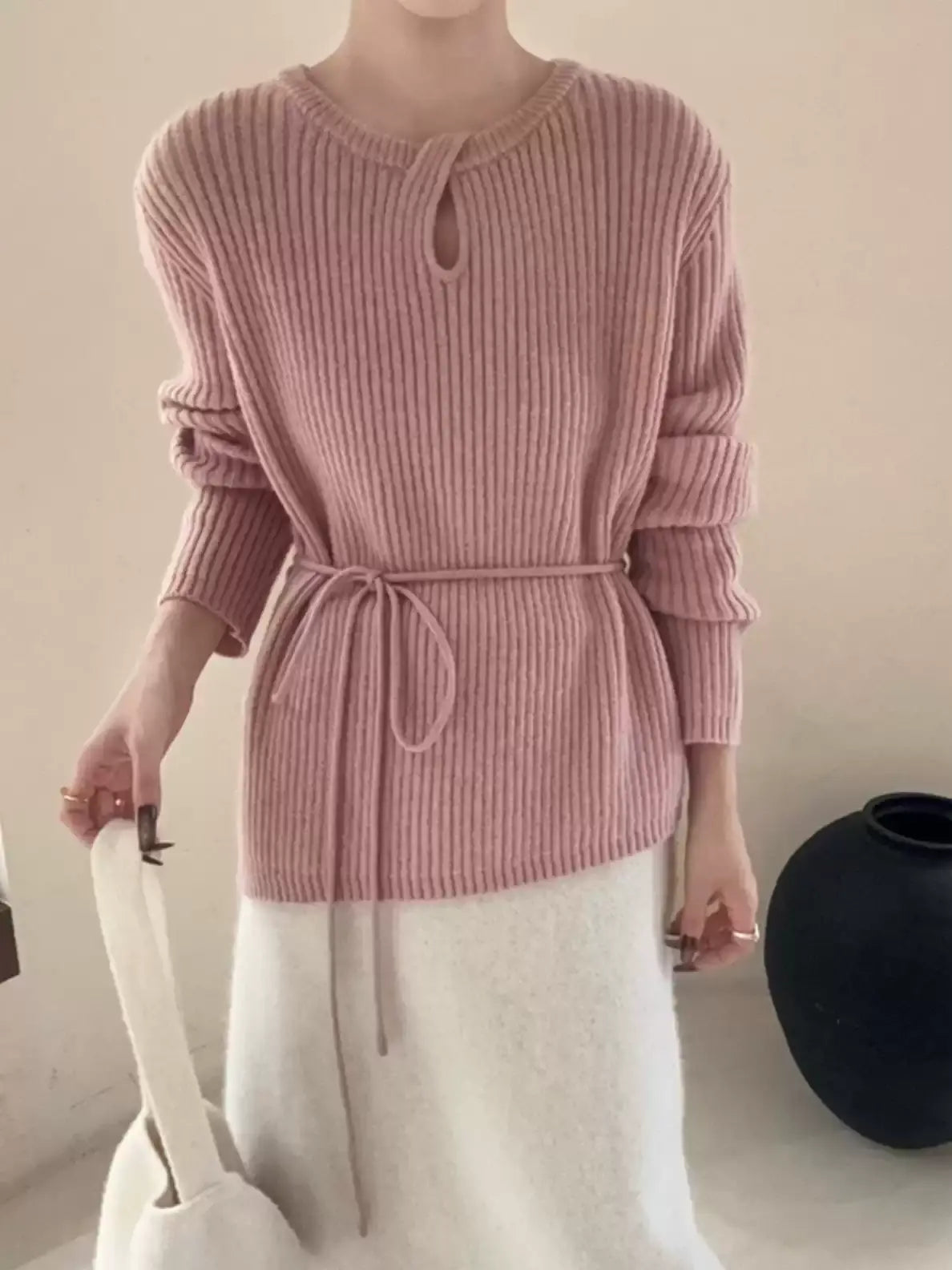 Waist Drawstring Rib-Knit Tops_BDHL8018