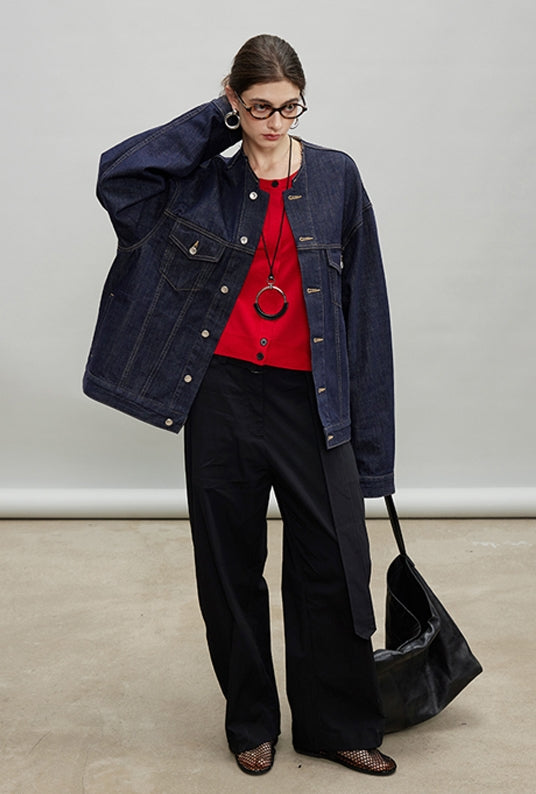 Retro Collarless Denim Jacket_BDHL7197