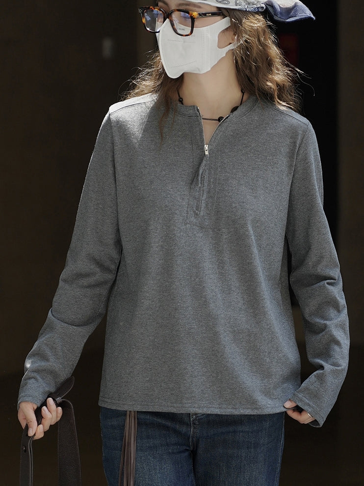 Simple Half-Zip Long-Sleeved Tops_BDHL7776