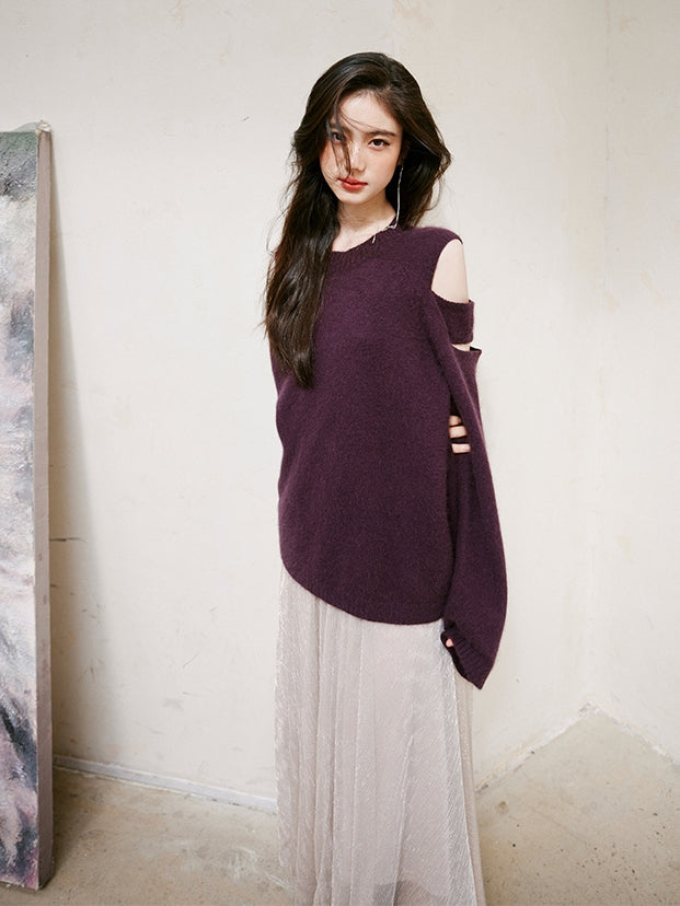 Purple Shoulder Cut-out Sweater_BDHL6746