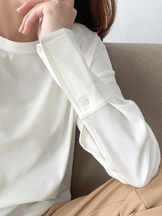 White T-shirt for women, long sleeves, medium length, pull-on collar, pure cotton, wide hem, comfortable, high-quality top 