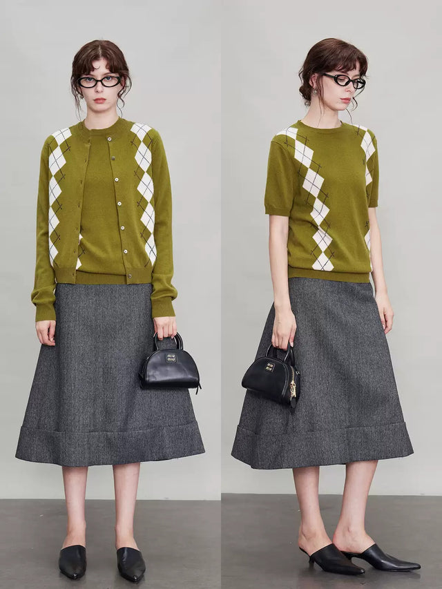 Green Argyle Short-Sleeved Tops Or Cardigan_BDHL6631