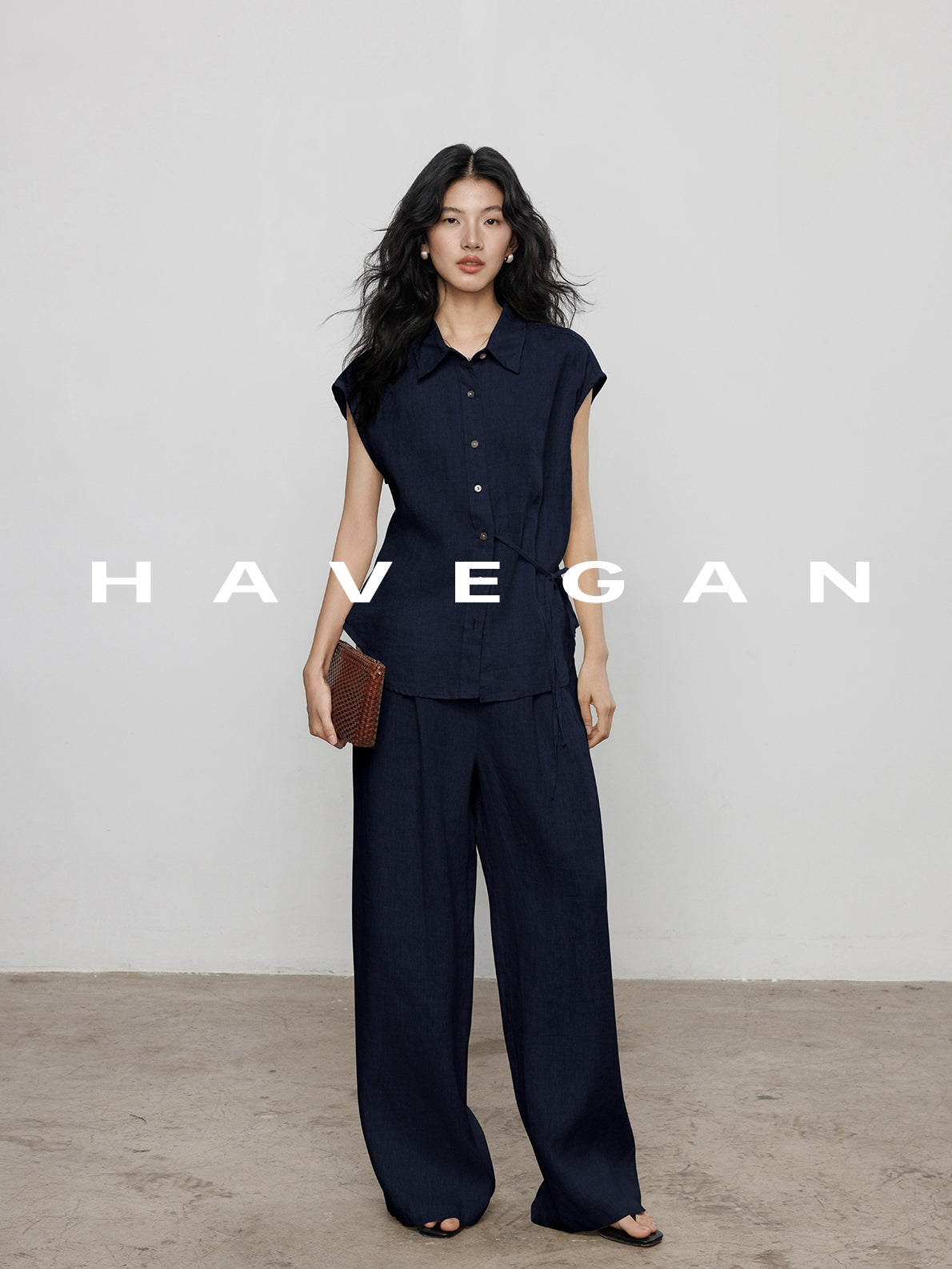 Waist-Strap Sleeveless Shirt And Casual Pants Set_BDHL7481