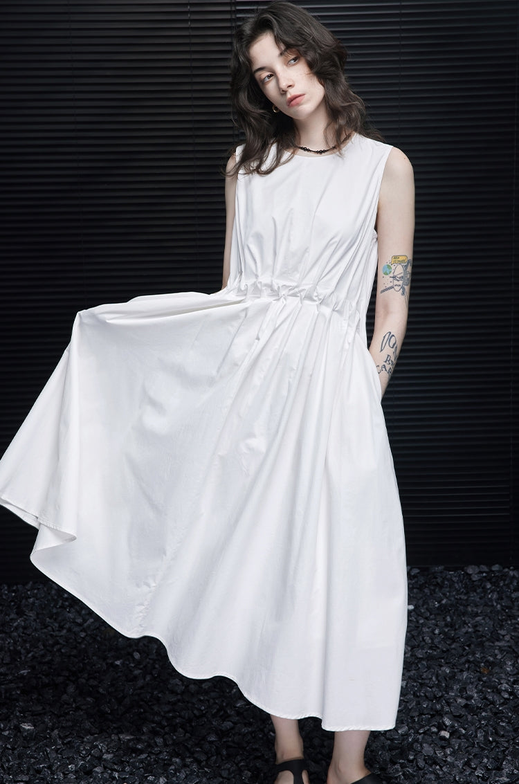 White Sleeveless Pleated Dress_BDHL6976