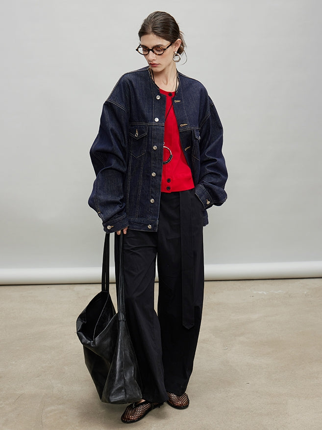 Retro Collarless Denim Jacket_BDHL7197
