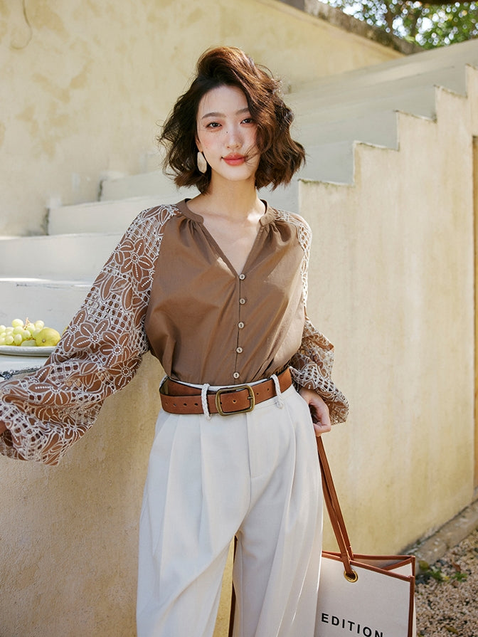 Patchwork Lantern Sleeveless Shirt_BDHL7474