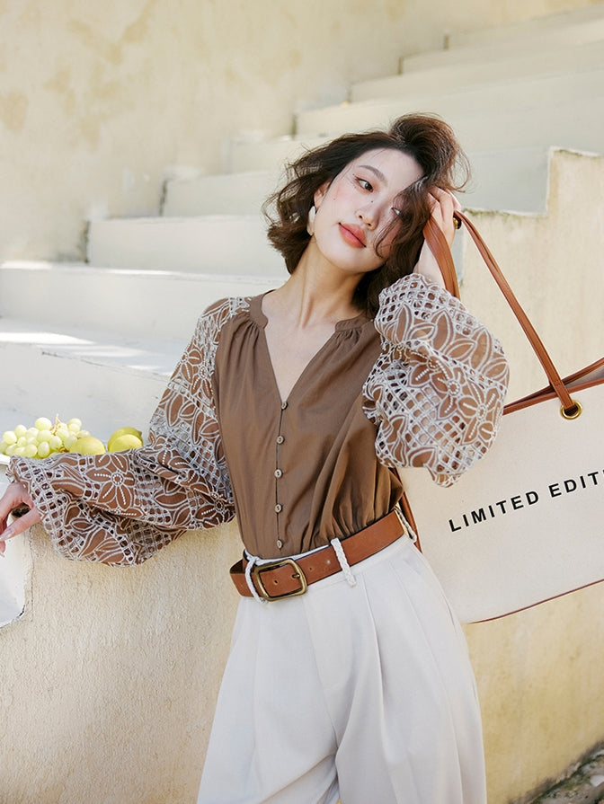 Patchwork Lantern Sleeveless Shirt_BDHL7474