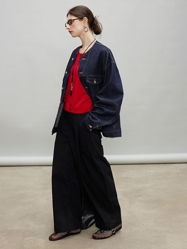 Retro Collarless Denim Jacket_BDHL7197