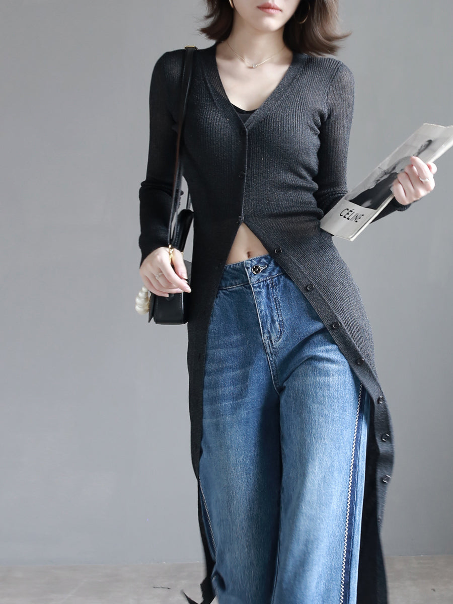 V-Neck Ribbed Long Cardigan_BDHL6510