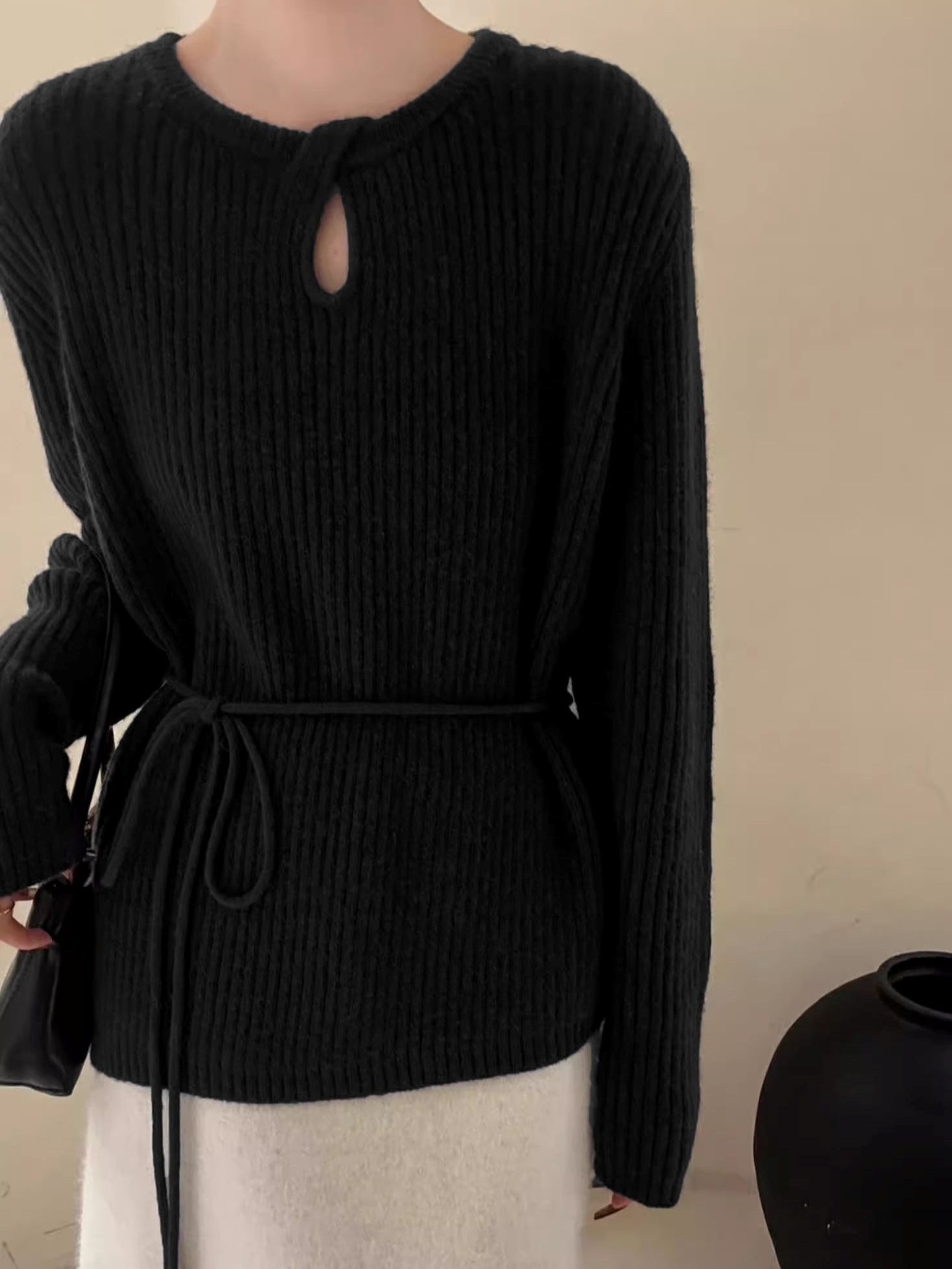 Waist Drawstring Rib-Knit Tops_BDHL8018