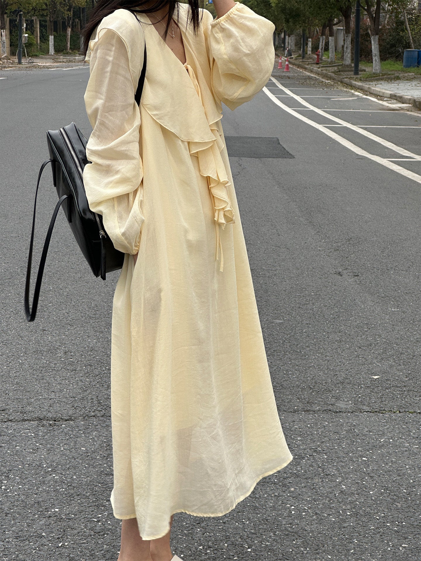 Ruffle V-neck Puff Sleeve Loose Long Dress_BDHL8262