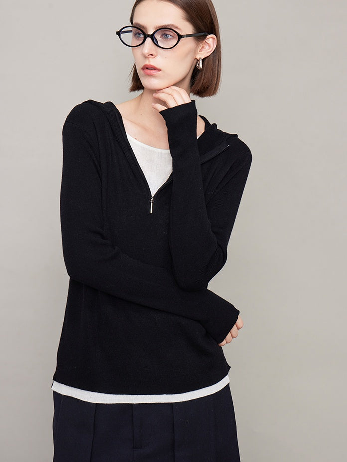 Hooded Zip Faux Two-Piece Tops_BDHL6608