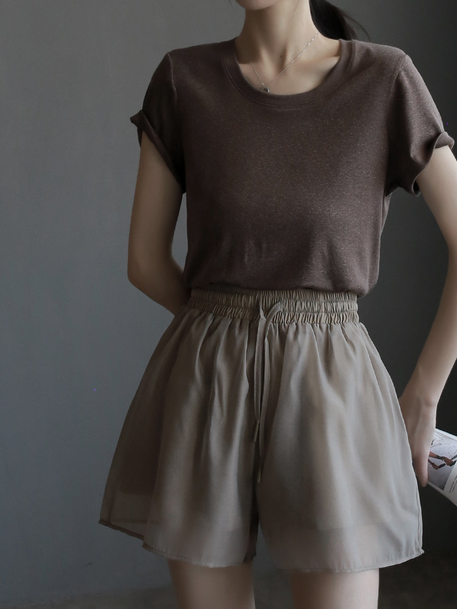 Deep U-Neck Short-Sleeved Tops_BDHL7577