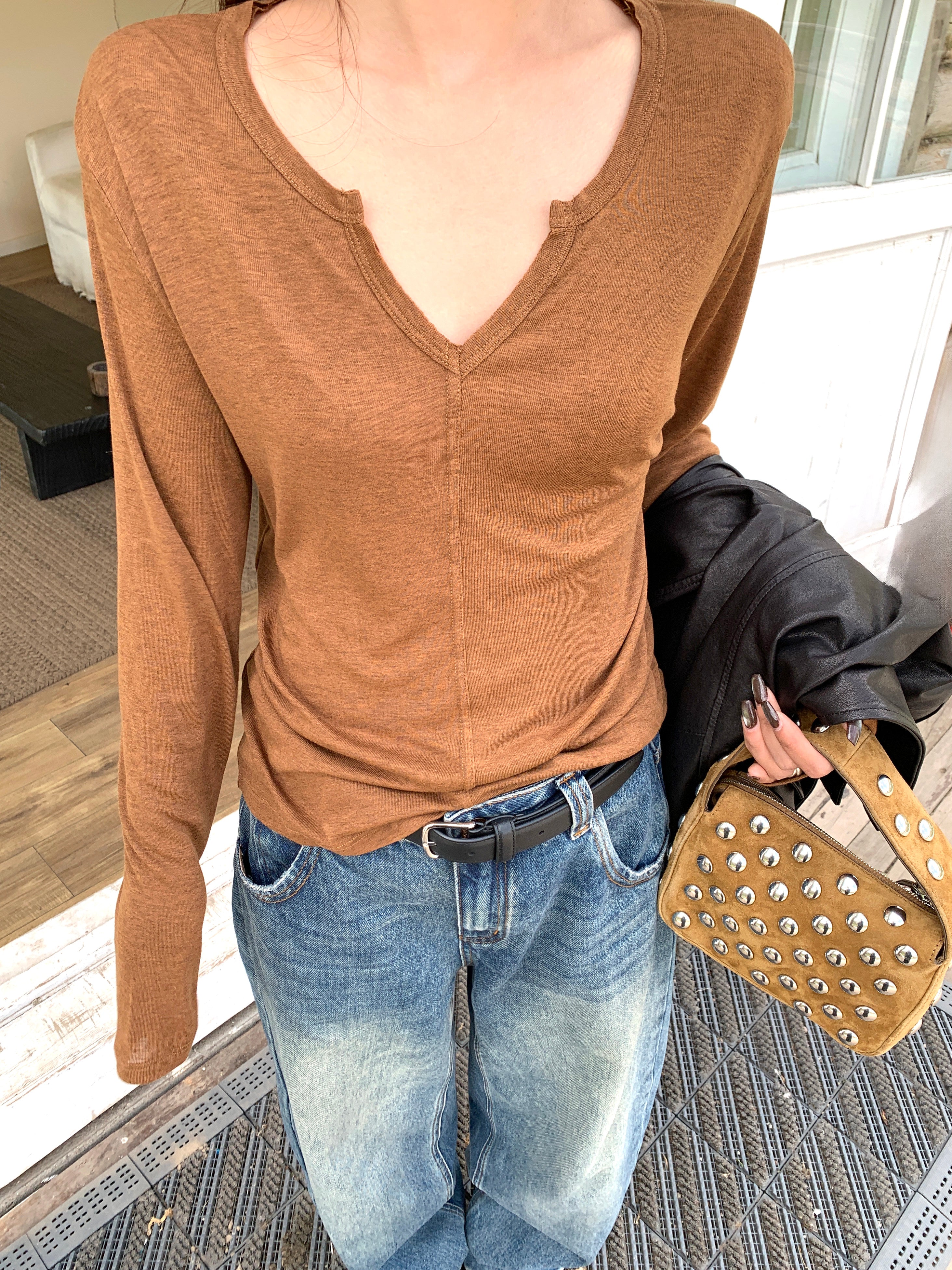 Lyocell Wool V Neck Long Sleeve Top_BDHL8439