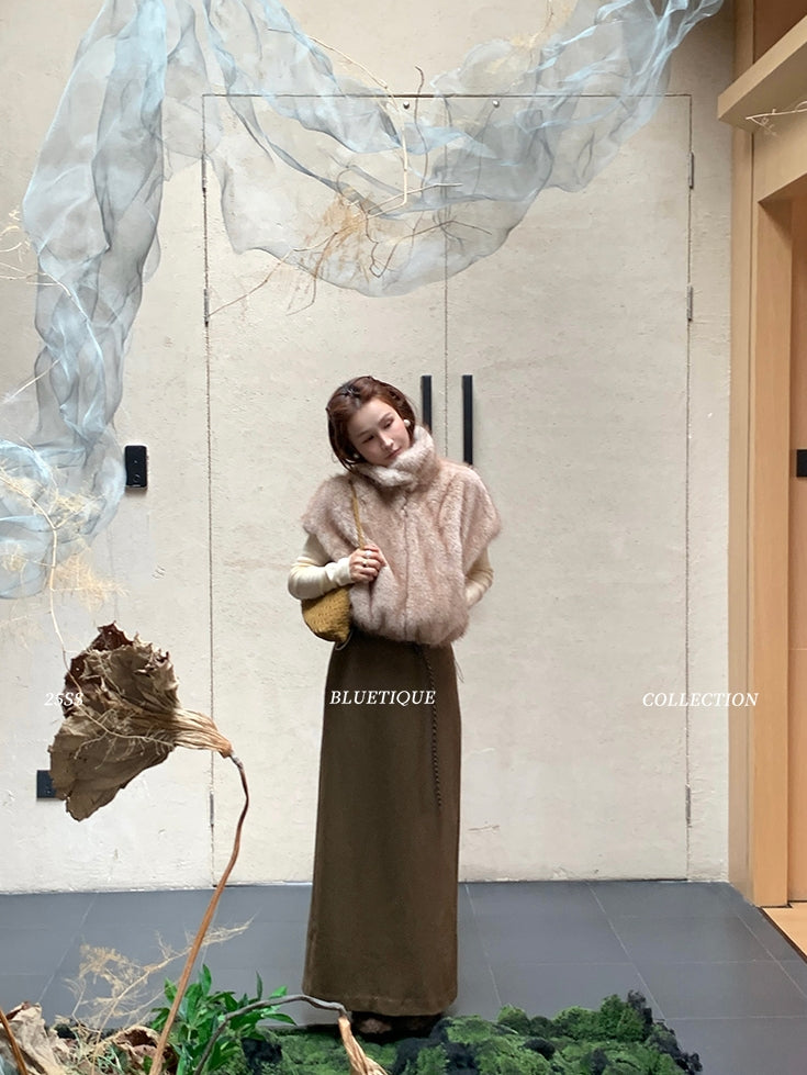 Stand Collar Zipper Fur Vest_BDHL8015