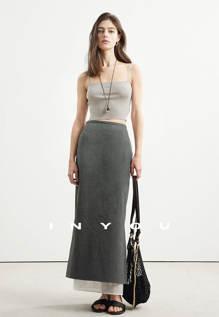 Side Slit Layered Straight Skirt_BDHL6980