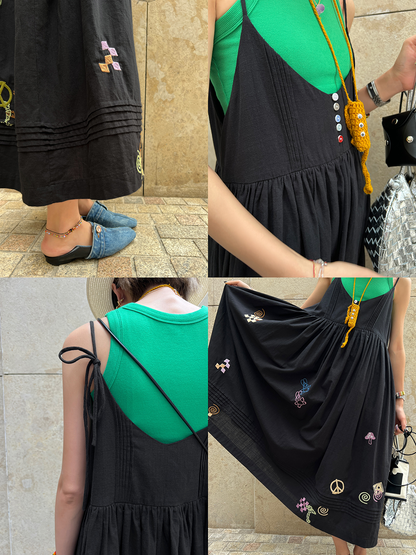 Embroidered Sleeveless Suspender Dress_BDHL6137
