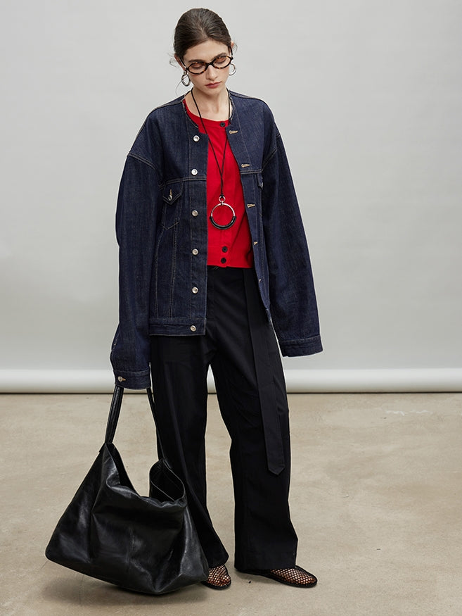 Retro Collarless Denim Jacket_BDHL7197